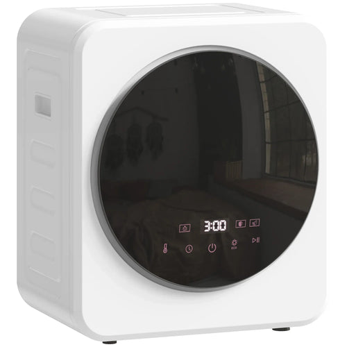 Compact white tumble dryer with round glass door and front control panel