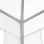 White metal corner joint of gazebo canopy tent frame with cross-brace supports