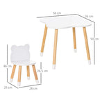 Kids table and chair set, white round tabletop with light wood legs, bear chair profile