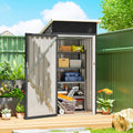 Outdoor storage shed with open door, shelving, and storage space on wooden deck