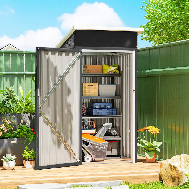 Outdoor storage shed with open door, shelving, and storage space on wooden deck