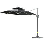 Dark grey cantilever parasol with long canopy and tall central pole
