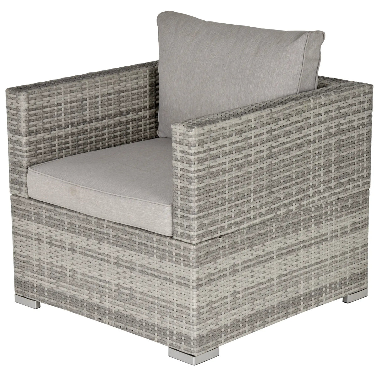 Grey PE rattan armchair with woven arms and padded seat and back cushions