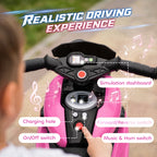 Pink and black ride-on motorcycle toy handlebar dashboard with switches and horn button.