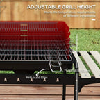 Red charcoal BBQ grill with adjustable grate height clips and anti-scald side handles