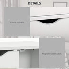 White cabinet detail showing cutout drawer handles and magnetic door latch
