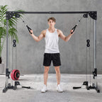 Black multi-grip cable crossover machine with overhead pulleys and handle attachments