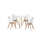 Dining table set with round white table and four white chairs with wood legs