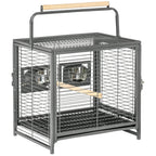 Black metal parrot travel bird cage with top handle, wire mesh sides, and platform perch.