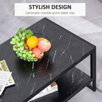 Black faux marble effect coffee table top with two-tier metal frame and open lower shelf