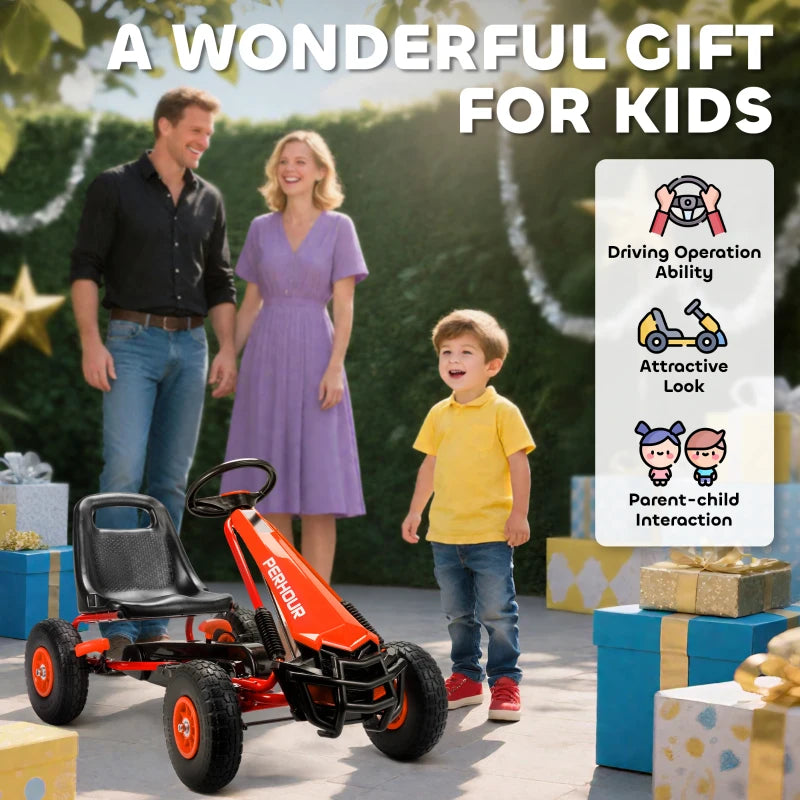 Red kids pedal go-kart with black seat and orange wheels, parked near gift boxes.