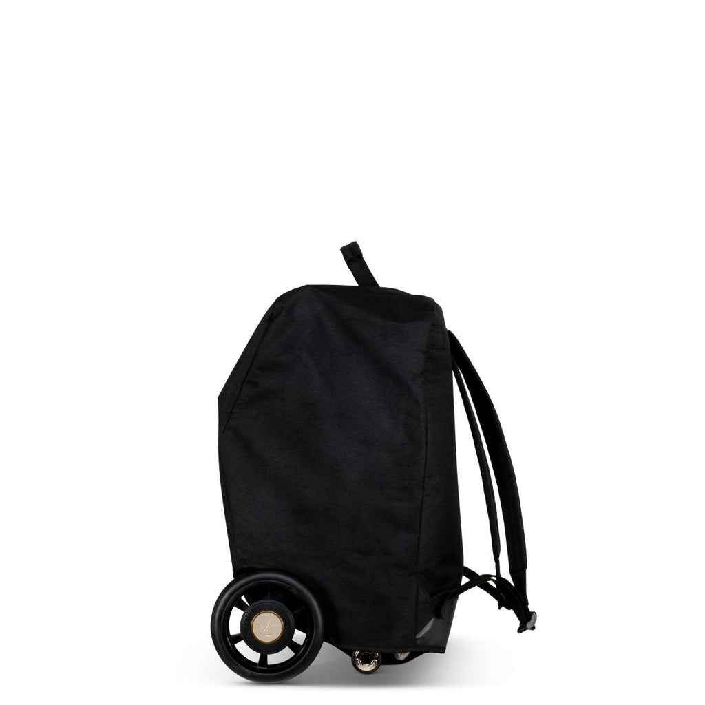 Black stroller bag with small wheels and drawstring straps for easy transport