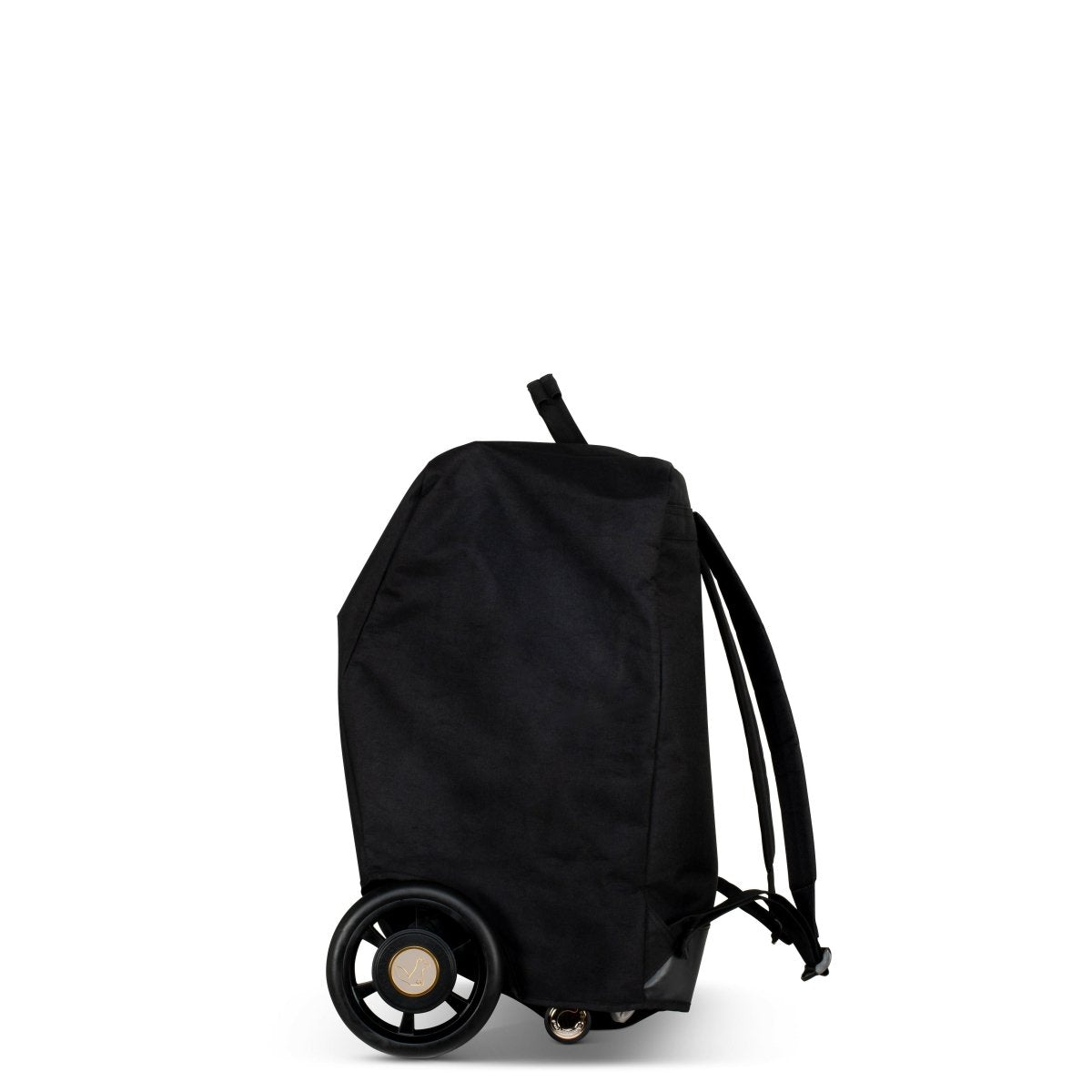 Black stroller bag with small wheels and drawstring straps for easy transport