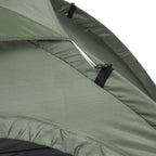 Close-up of dark green tent wall seam and zip door panel detail