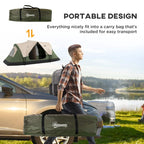 Portable camping tent with carry bag, dark green and beige folded tent shown