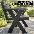 Black X-frame wooden bench with slatted seat, armrests, and backrest