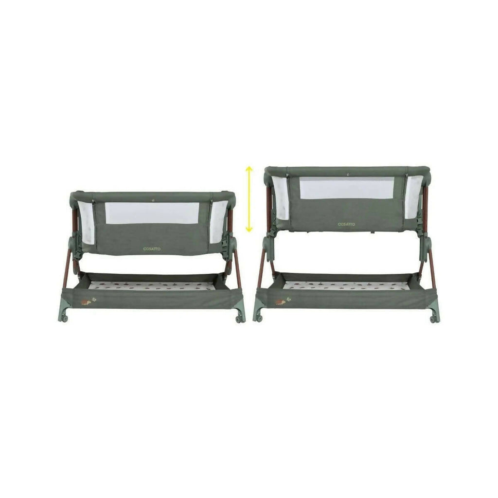 Two olive folding bedside cribs shown side by side, with patterned base and legs