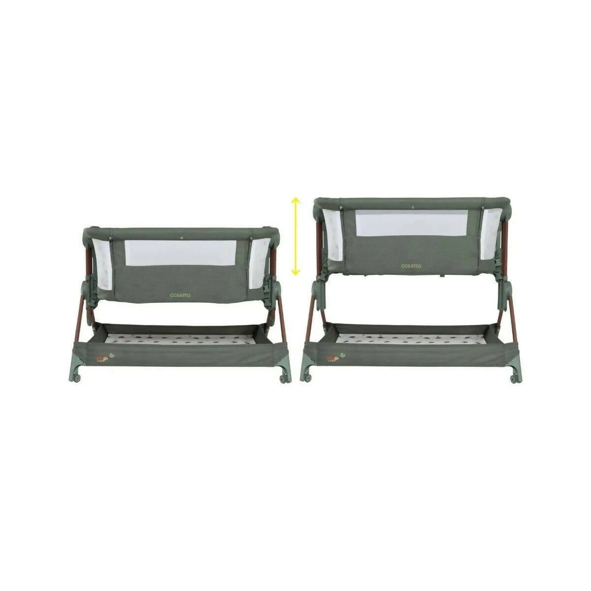 Two olive folding bedside cribs shown side by side, with patterned base and legs