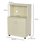 Light oak tone cabinet trolley with open top compartment, two-door base, and caster wheels