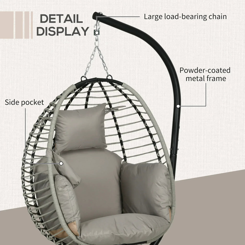 Single Rattan Hanging Egg Chair, with Seat Cushion - Grey - Bobobiy
