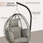 Grey hanging egg chair with hanging chain, powder-coated metal frame, and side pocket