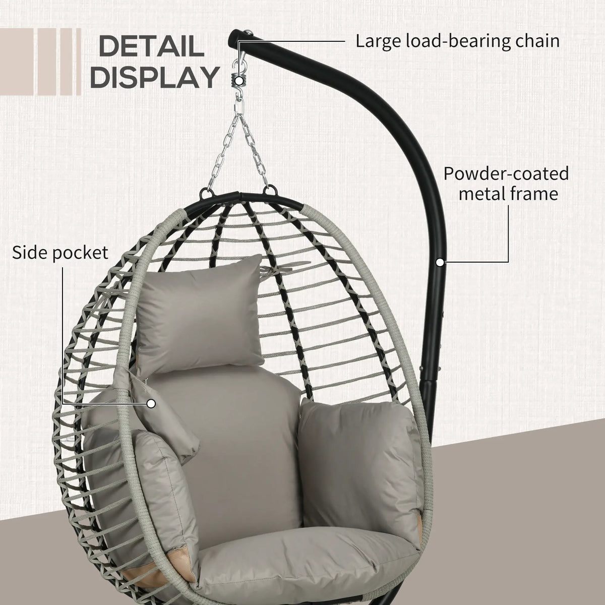 Outsunny Single Rattan Hanging Egg Chair, with Seat Cushion Grey