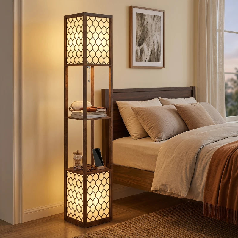 Rustic brown floor standing lamp with two-tier shelves and glowing lattice light panels