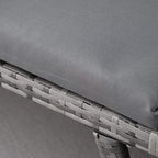 Grey sofa cushion edge and grey rattan weave detail on armrest