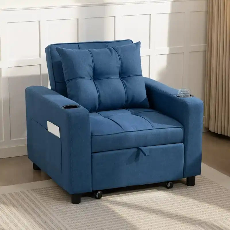 Dark blue single sofa bed chair with tufted back, padded arms, and caster wheels