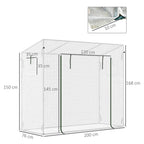 White walk-in greenhouse with green roll-up door, side window panels, and steel frame