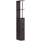 Freestanding tall bathroom cabinet with two open shelves and three drawers, dark brown