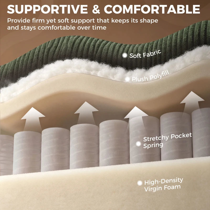 Green corduroy sofa upholstery with spring and foam cushioning layer detail