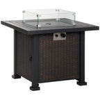 Black square propane fire pit table with glass wind screen and burner controls