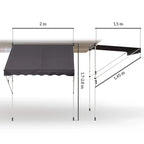Grey retractable awning with adjustable supports on a frame with shown dimensions