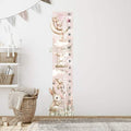 Kids height chart wall sticker with pink bunnies and flowers, vertical measurement scale