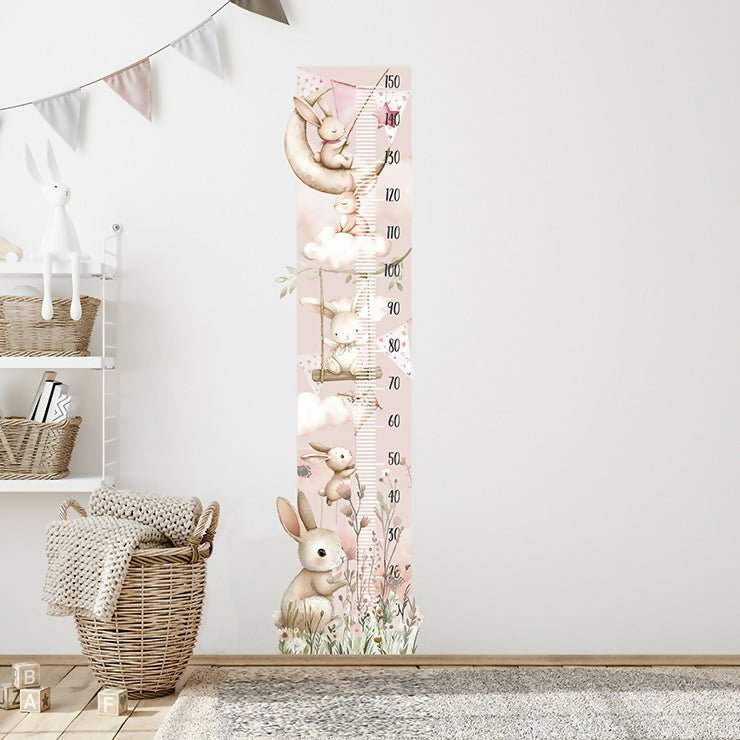 Kids height chart wall sticker with pink bunnies and flowers, vertical measurement scale