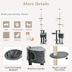 Multi-level cat tree with dark grey cushioned condos, sisal scratching columns, and platforms