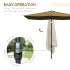 Brown rectangular umbrella with crank handle and push-button tilt on pole