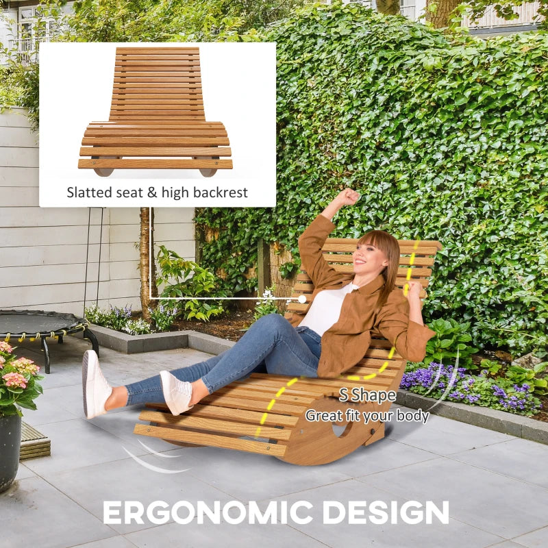 Outdoor wooden rocking chair with high backrest and slatted seat on curved rock runners