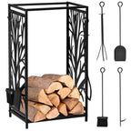 Black steel log rack with tree-pattern panels, holding stacked firewood and side hooks