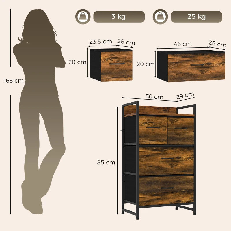 Rustic brown and black chest with four drawers; size diagram showing front dimensions