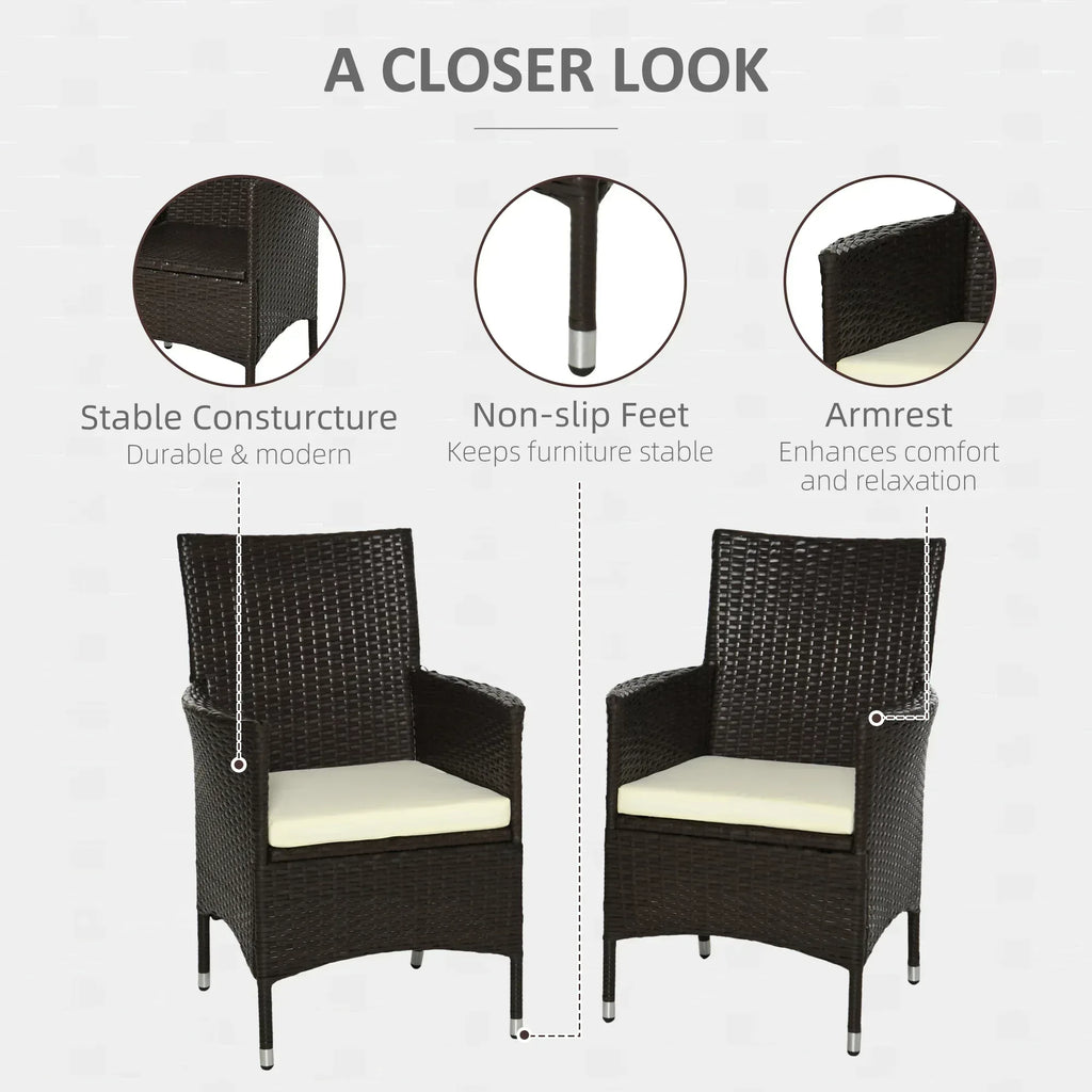 2 Pieces Outdoor PE Rattan Dining Chairs Set with Cushion, Garden Armchair with Armrests, High Backrest, Metal Frame Patio Wicker Furniture, Coffee - Bobobiy