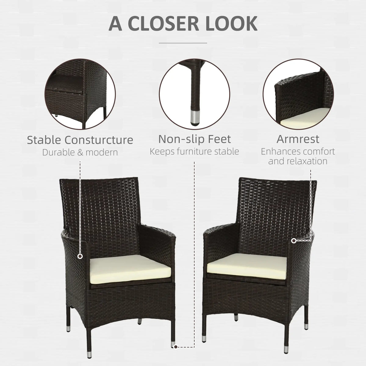 Two woven patio armchairs with cream cushions, metal feet, and supportive armrests