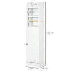 White narrow bathroom cabinet with dimensions shown, open shelves and lower door