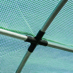 Green greenhouse frame joint with black connectors and mesh-covered roof underside
