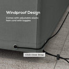 Dark grey patio furniture cover corner with click-close strap and elastic hem cord