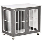 Grey wooden dog crate end table with white-bar doors and lockable front
