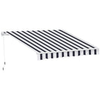 Dark blue and white striped retractable awning with scalloped front valance