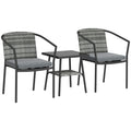 3 Pieces Rattan Bistro Set with Cushions, Wicker Garden Furniture Set, Glass Top Coffee Table and Chairs for Outdoor Patio, Balcony, Terrace and Conservatory, Grey - Bobobiy