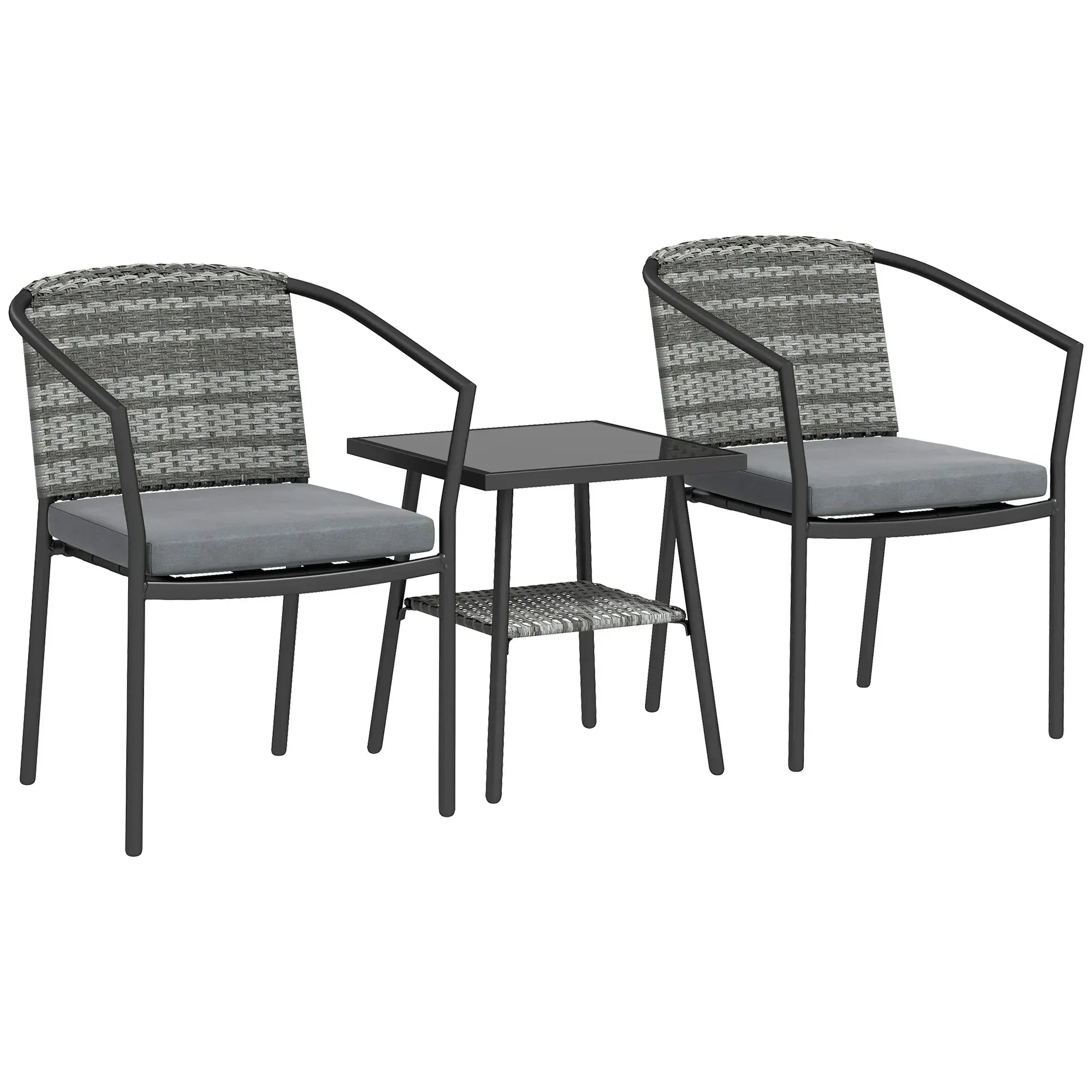 3 Pieces Rattan Bistro Set with Cushions, Wicker Garden Furniture Set, Glass Top Coffee Table and Chairs for Outdoor Patio, Balcony, Terrace and Conservatory, Grey - Bobobiy